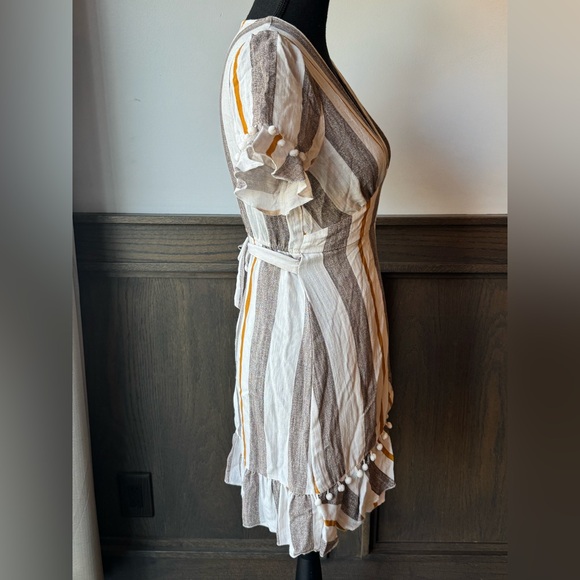 Simplee Apparel Striped Wrap Mini Dress - White, Brown & Mustard - Picture 5 of 8